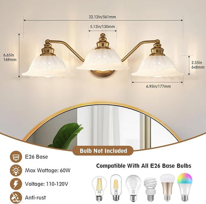 Redluck Vintage Bathroom Vanity Light Fixture, 3-Light Bathroom Lighting Fixtures Over Mirror, Antique Brass Finish with Milk Glass Crystal Glass Shade, Wall Sconces Lighting for Bedroom, Living Room
