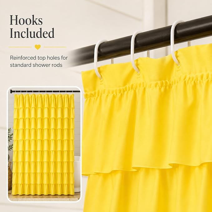 Yellow Shower Curtain for Bathroom, 72 X 72 Inch, Cascading Ruffle Design | Cottagecore & Farmhouse Crossover Style, 72x72, Hooks Included, Machine Washable, Ruffles Hold Their Shape, 12 Buttonholes