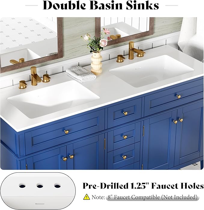 AMERLIFE 60" Bathroom Vanity with Double Sink, Modern Solid Wood Vanity Cabinet, 30-Minute Easy Assembly, 3 Storage Drawers & Adjustable Shelves, Navy Blue