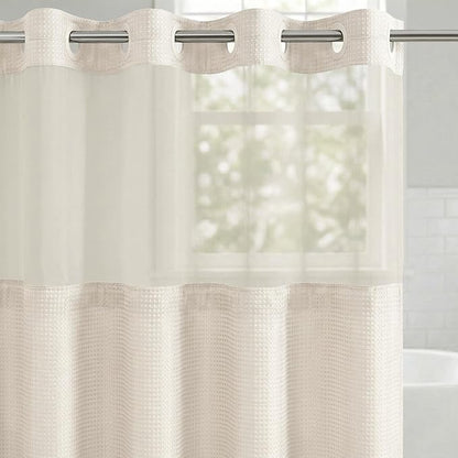 Americanflat 72x75 Hookless Waffle Pattern Shower Curtain - Water-Resistant Long Shower Curtain with Sheer Panel, Snap-in Liner, and Durable Grommets - 100% Polyester - Ivory