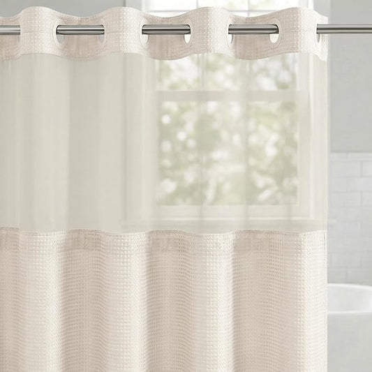Americanflat 72x75 Hookless Waffle Pattern Shower Curtain - Water-Resistant Long Shower Curtain with Sheer Panel, Snap-in Liner, and Durable Grommets - 100% Polyester - Ivory