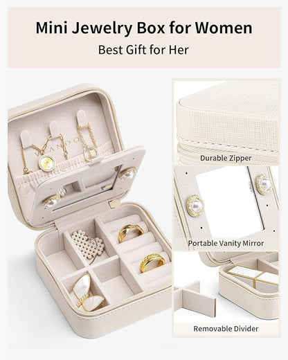 VLANDO Travel Jewelry Case with Mirror, Storage 3 Pairs of Stud Earrings | Necklace Hook for Anti-tangle, Removable Dividers, Waterproof PU Leather,Portable Storage for Rings, Necklace Gifts for Women