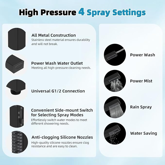 Hibbent 10'' Rainfall Shower Head with 4-mode Handheld Spray, Matte Black | cUPC Certified High Pressure Showerhead Combo, 12'' Adjustable Extension Arm, Extension Bar, Easy Reach Holder, 71'' Hose