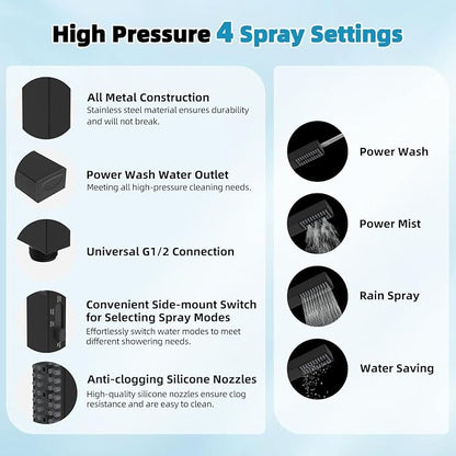 Hibbent 10'' Rainfall Shower Head with 4-mode Handheld Spray, Matte Black | cUPC Certified High Pressure Showerhead Combo, 12'' Adjustable Extension Arm, Extension Bar, Easy Reach Holder, 71'' Hose