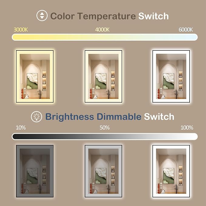 28x32 Inch LED Bathroom Mirror with Black Frame | Black Metal Frame, Front and Backlit, 3 Colors, Dimmable, Memory, Anti Fog, Tempered Glass, Lighted Mirror for Wall