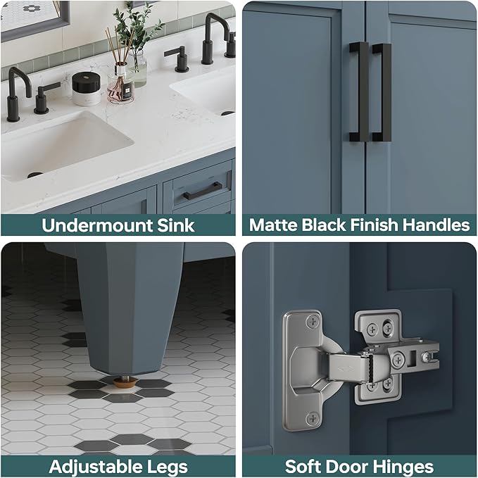 60 Inch Bathroom Vanity Double Sink, Fully Assembled Solid Wood Frame Double Sink Bathroom Vanity with Soft Closing Doors & Full Extension Dovetail Drawers, Quartz Top, Steel Blue