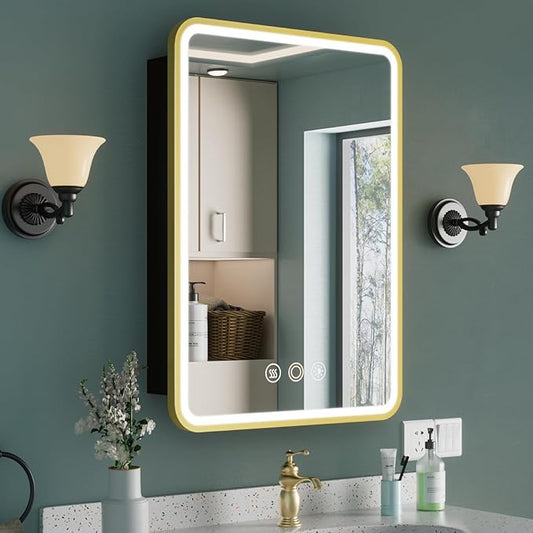 20x28 Inch Medicine Cabinet with Mirror, Recessed or Surface Mount Bathroom Medicine Cabinet with LED Lights, Anti-Fog, Memory Function, Adjustable Shelf, Dimmable Light, ETL Listed, Gold, Left Hinge