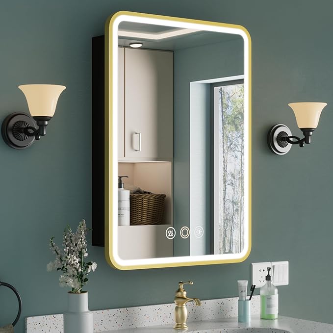 16x28 Inch Medicine Cabinet with Mirror, Recessed or Surface Mount Bathroom Medicine Cabinet with LED Lights, Anti-Fog, Memory Function, Adjustable Shelf, Dimmable Light, ETL Listed, Gold,Right Hinge