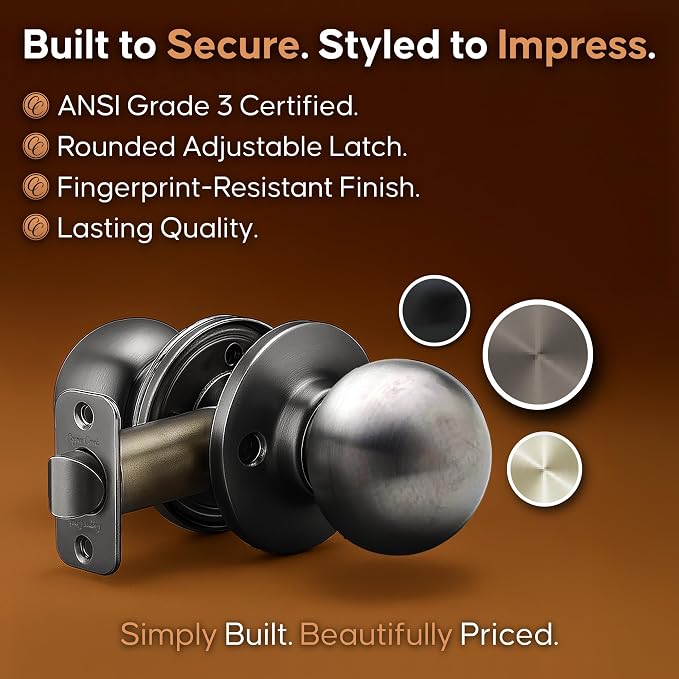 Copper Creek Passage Interior Door Knob – ANSI Grade-3 Certified, Modern Heavy Duty Handle, Easy Install and Reversible for Bedroom, Bathroom & Closets – Antique Nickel (1 Pack)