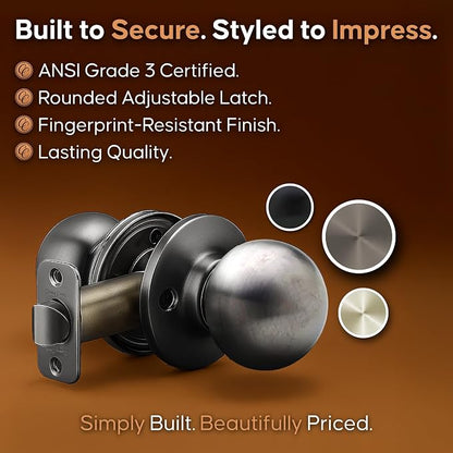 Copper Creek Passage Interior Door Knob – ANSI Grade-3 Certified, Modern Heavy Duty Handle, Easy Install and Reversible for Bedroom, Bathroom & Closets – Antique Nickel (1 Pack)