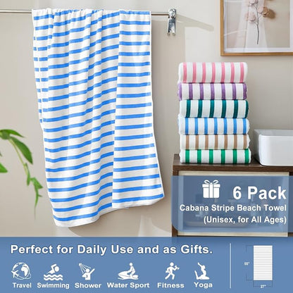JML Microfiber Beach Towels Set, 6 Pack, 27" x 55", Cabana Stripe Blue | Haning Loop, Soft, Absorbent, Quick Dry, Use for Bathroom, Swimming Pool