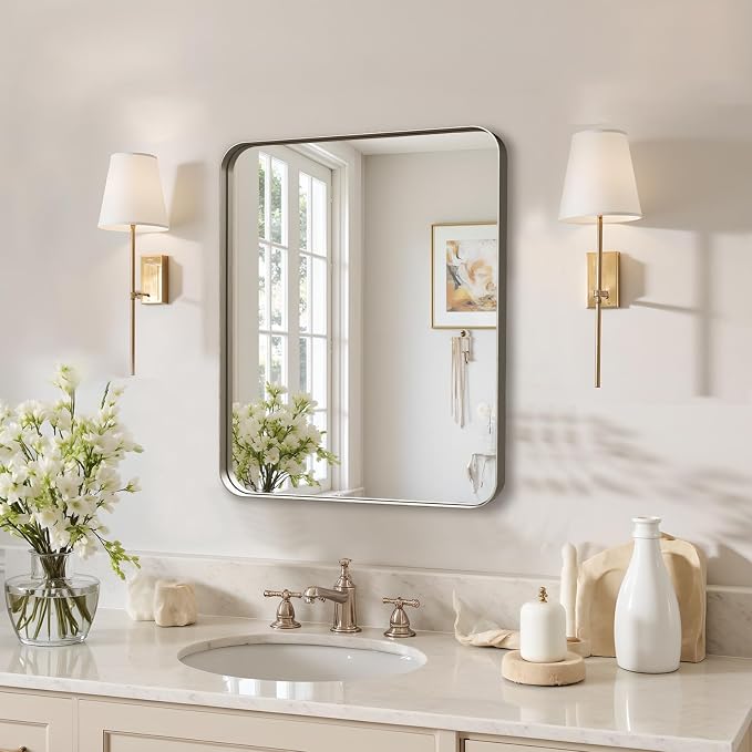 20"x16" Bathroom Mirror, Rounded Rectangle Vanity Mirror | Anti-Rust Aluminum Framed, Wall Mounted Mirror for Over Sink, Hangs Horizontally or Vertically, Brushed Nickel