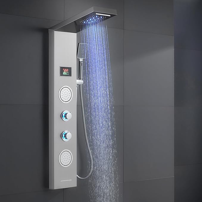 ROVATE Shower Panel Tower System with LED Rainfall Waterfall Shower Head, 5-in-1 LED Stainless Steel Shower Panel System with Body Massage Jets, Handheld Shower and Tub Spout, Brushed Finish