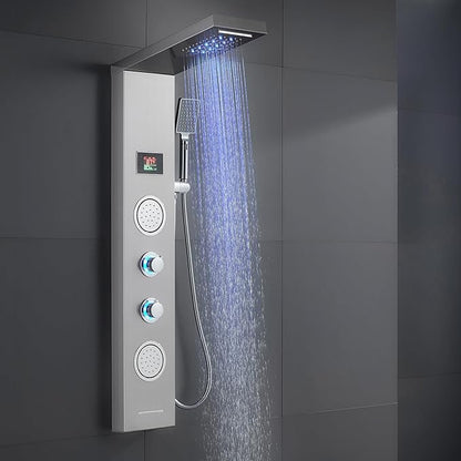 ROVATE Shower Panel Tower System with LED Rainfall Waterfall Shower Head, 5-in-1 LED Stainless Steel Shower Panel System with Body Massage Jets, Handheld Shower and Tub Spout, Brushed Finish
