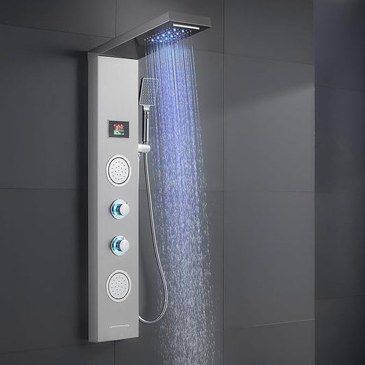 ROVATE Shower Panel Tower System with LED Rainfall Waterfall Shower Head, 5-in-1 LED Stainless Steel Shower Panel System with Body Massage Jets, Handheld Shower and Tub Spout, Brushed Finish