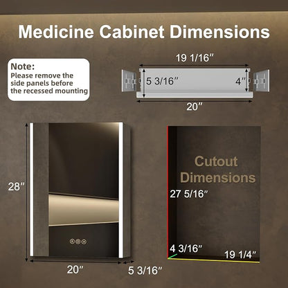 20 x 28 Inch Medicine Cabinet with Mirror and LED Light for Bathroom | Recessed, Wall-Mounted, Dimmable, Anti-Fog, Memory Function, 3 Color Mode, Outlet&USB, Adjustable Shelf, ETL Listed, Aluminum