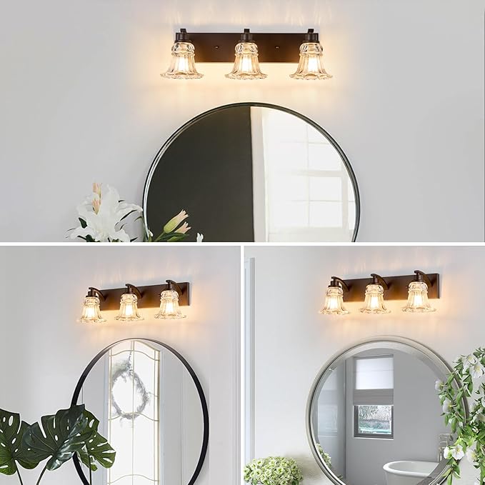 Vintage 3-Light Bathroom Vanity Light, Oil Rubbed Bronze Bathroom Light Fixtures with Floral Clear Glass Shades, Antique Wall Sconce Fixtures for Dressing Table, Bedroom