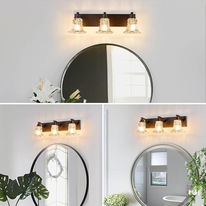 Vintage 3-Light Bathroom Vanity Light, Oil Rubbed Bronze Bathroom Light Fixtures with Floral Clear Glass Shades, Antique Wall Sconce Fixtures for Dressing Table, Bedroom