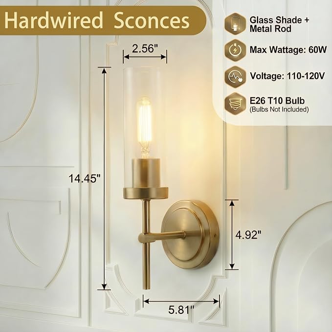 Hardwired Gold Wall Sconce Set of Two Bathroom Sconces Vanity Light | Modern Brushed Gold Vanity Light for Bathroom Mirror Living Room Bedroom Hallway Stairs