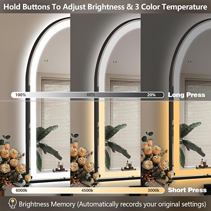 Arched LED Bathroom Mirror, 40"x30" Arch Backlit Vanity Mirror with Lights, Frontlit, Dimmable, 3 Colors, Memory Function, Anti-Fog Smart Mirror, Black Frame, Shatterproof, UL Listed