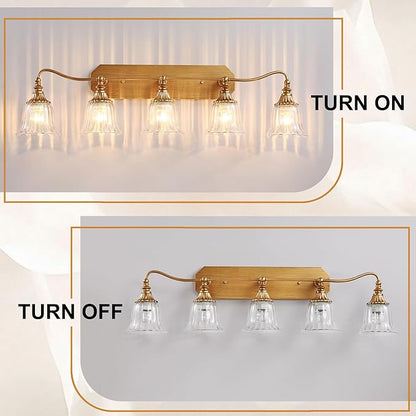 Bathroom Vanity Gold Light Fixture, 5 Lights Bathroom Lighting Matte Antique Brass Finish with Crystal Glass Shade, Gold Vintage Vanity Light for Bathrooms