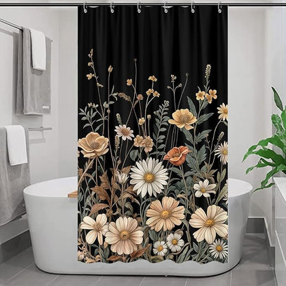 Vintage Boho Floral Shower Curtain, Cute Retro Bohemian Flower Botanical Aesthetic Decorative Shower Curtain Set with Hooks, Unique Dark Wildflower Rustic Farmhouse Shower Curtains for Bathroom 36X72