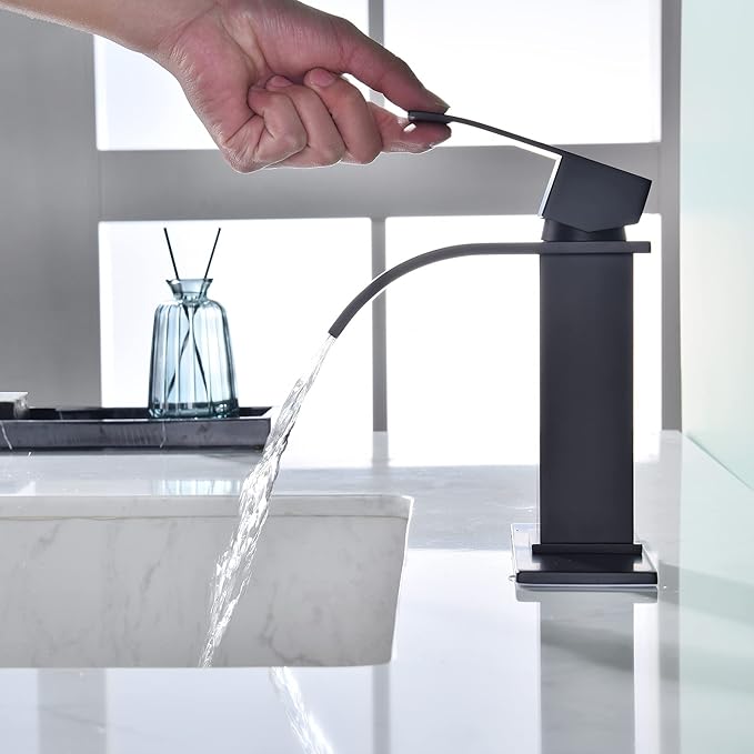 Black Waterfall Bathroom Faucet Single Hole, Bathroom Sink Faucet with Pop Up Drainer Assembly and Deck Plate for 3 Hole Installation JXM122BK