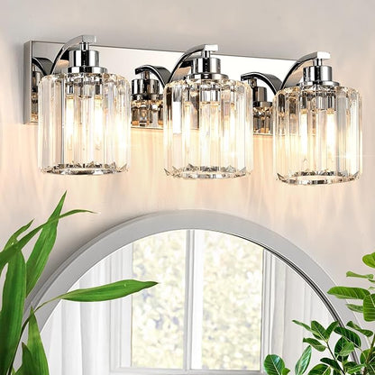 3 Lights Crystal Bathroom Vanity Light Modern Chrome Bathroom Light Fixture Bathroom Lighting Fixtures Over Mirror for Mirror E26 Base