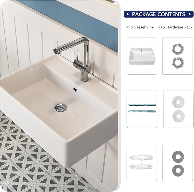 DeerValley 23x18 Inch Wall Mounted Bathroom Sink, White Ceramic Rectangular Vessel Sink with Overflow and Faucet Hole, Art Sink, DV-1WS0127