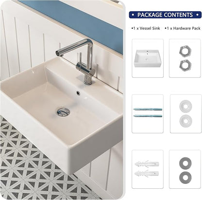 DeerValley 23x18 Inch Wall Mounted Bathroom Sink, White Ceramic Rectangular Vessel Sink with Overflow and Faucet Hole, Art Sink, DV-1WS0127