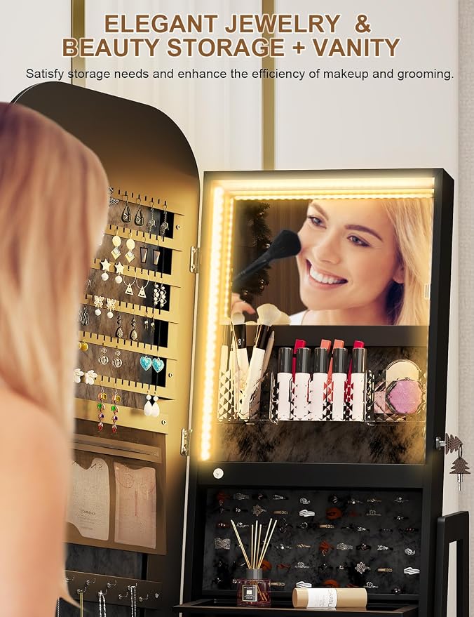 Jewelry Cabinet with RGB Mirror and Foldable Makeup Shelf - Black | SKKTKT Standing Jewelry Armoire - Rotating Storage, RGB Mirror and Foldable Makeup Shelf