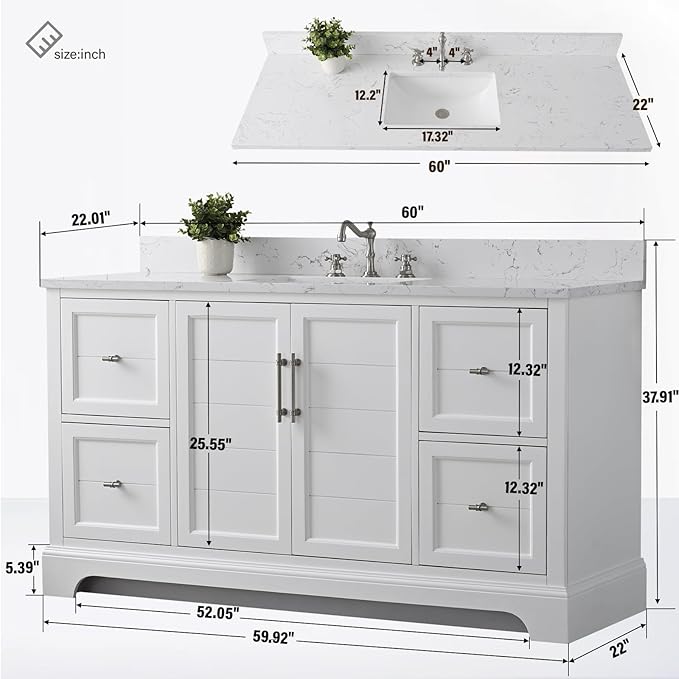 HOMEBEYOND 60 Inch Bathroom Vanity with Single Sink & Ceramic Top, Vanity Cabinet with Center Countertop Basin, Soft-Closing Doors, Backsplash, White