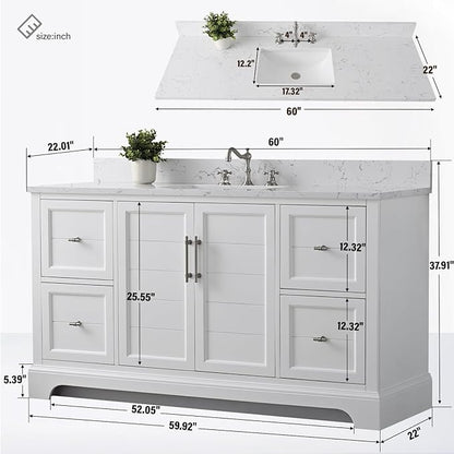 HOMEBEYOND 60 Inch Bathroom Vanity with Single Sink & Ceramic Top, Vanity Cabinet with Center Countertop Basin, Soft-Closing Doors, Backsplash, White