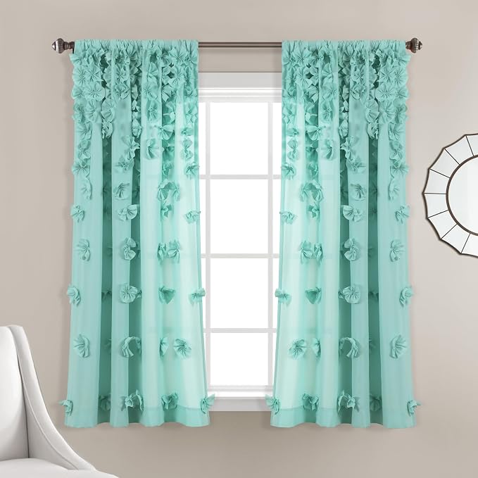 Lush Decor Riley Light Filtering Window Curtain Panel, Single 54" W x 63" L, Aqua - Cute Blue Curtains for Bedroom - Bow Decor - Coquette Curtains for Windows