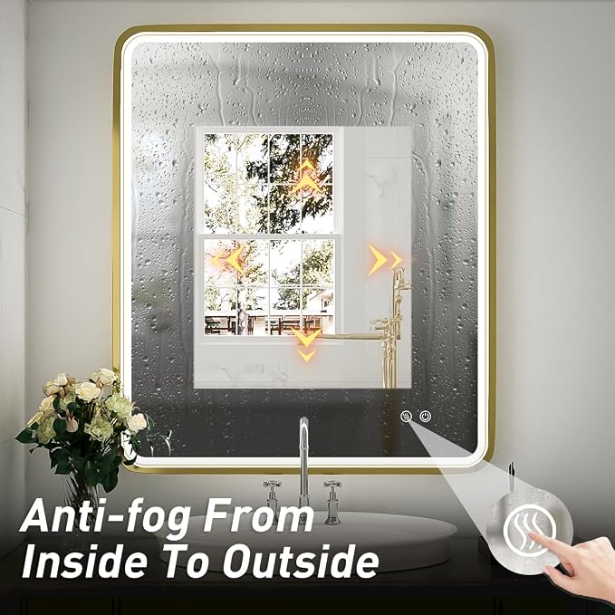 30x36 Inch LED Gold Frame Bathroom Mirror, ETL Listed | Anti-Fog,3 Color 3000K/4500K/6000K Dimmable,Horizontal & Vertical,Wall Mounted,Memory Function