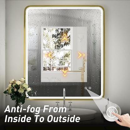 30x36 Inch LED Gold Frame Bathroom Mirror, ETL Listed | Anti-Fog,3 Color 3000K/4500K/6000K Dimmable,Horizontal & Vertical,Wall Mounted,Memory Function