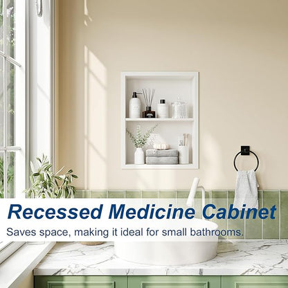 14x18 Medicine Cabinet Recessed, Medicine Cabinet Without Mirror, 304 Stainless Steel Medicine Wall Niche with Double Shelves, Matte White
