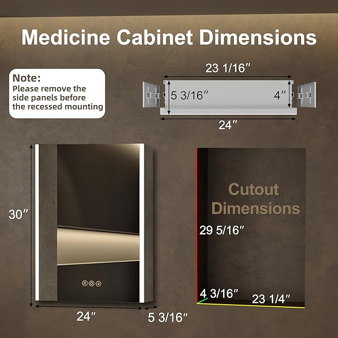 Medicine Cabinet with LED Lights and Mirror, 24 x 30 Inch Surface or Recessed Mounted Bathroom Cabinets with Door, Defogger, Memory Function, 3-Color Mode, Outlet&USB, Dimmer, Storage Shelf
