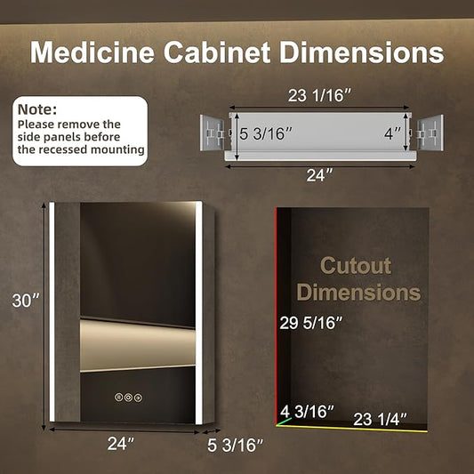 Medicine Cabinet with LED Lights and Mirror, 24 x 30 Inch Surface or Recessed Mounted Bathroom Cabinets with Door, Defogger, Memory Function, 3-Color Mode, Outlet&USB, Dimmer, Storage Shelf
