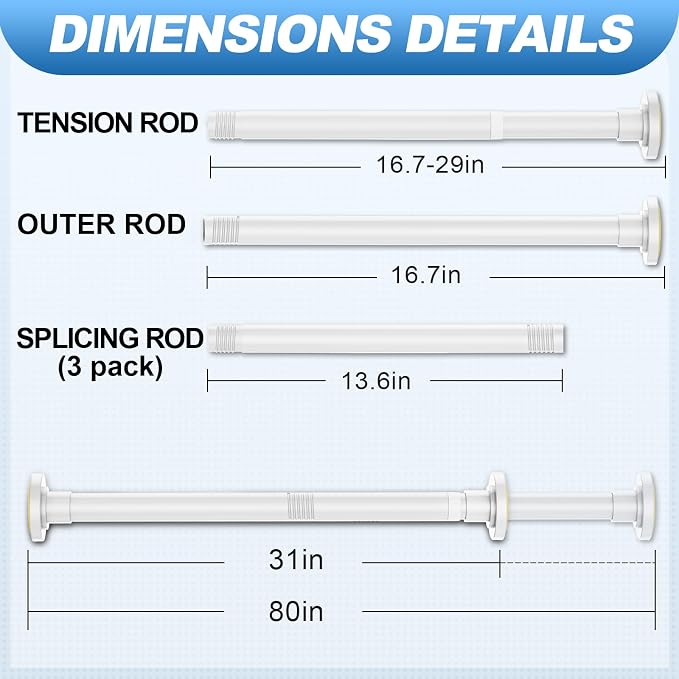 CorkLatta White Shower Curtain Rod 31 to 80 Inch,1 Inch Diameter Adjustable Spring Tension Stainless Steel Telescoping Rod,Easy Install,No Rust | Stainless Steel Tension Curtain Rod Non slip, No Drill Shower Rods for Bathroom,Easy Install
