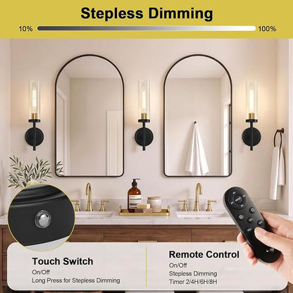 Battery Operated Wall Sconce Set of 2，Black and Gold Wireless Rechargeable Wall Lighting Fixtures with Remote Control，Dimmable Wall Light for Bathroom ，Vanity, Living Room, Bedroom, Hallway, Stairway