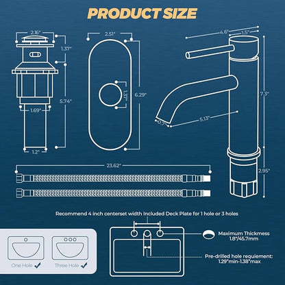 FORIOUS Single Hole Bathroom Faucets 1 Handle, Brushed Nickel 3 Hole Bathroom Sink Faucet with Metal Pop up Drain and Supply Hose, Suitable for Vanity Lavatory Restroom Remodel