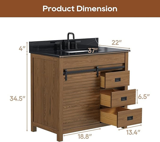 36 Inch Bathroom Vanity with Sink, Farmhouse Solid Wood Frame Vanity with Sink, Sliding Barn Door Bathroom Storage Cabinet with Soft-Closing Dovetail Drawers, Brown Oak