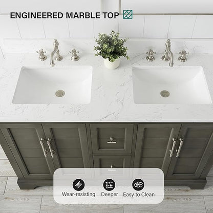 HOMEBEYOND 54 Inch Bathroom Vanity with Double Sink & Ceramic Top, Vanity Cabinet with Center Countertop Basin, Soft-Closing Doors, Backsplash,Sliver Grey