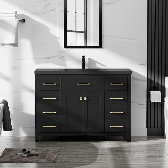 LUCKWIND 48" Modern Bathroom Vanity and Black Sink, Painted Bathroom Storage Cabinet with Single Resin Sink, Two Doors and Four Drawers, Include Faucet Without Mirror, Black