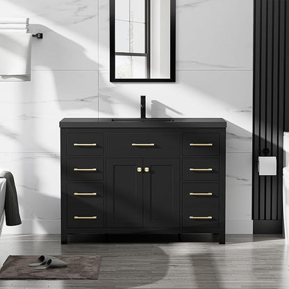 LUCKWIND 48" Modern Bathroom Vanity and Black Sink, Painted Bathroom Storage Cabinet with Single Resin Sink, Two Doors and Four Drawers, Include Faucet Without Mirror, Black