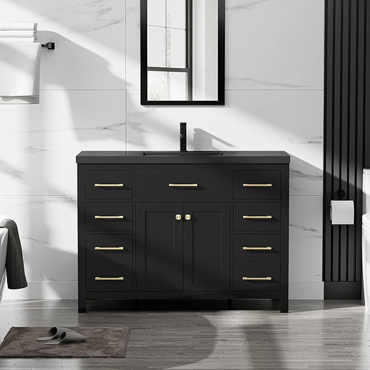 LUCKWIND 48" Modern Bathroom Vanity and Black Sink, Painted Bathroom Storage Cabinet with Single Resin Sink, Two Doors and Four Drawers, Include Faucet Without Mirror, Black