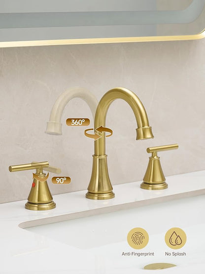 Fransiton Widespread Bathroom Sink Faucet 3 Hole, Brushed Gold Bathroom Faucet with Metal Pop-Up Drain, 2 Handle for 6-16" RV Vanity Sink