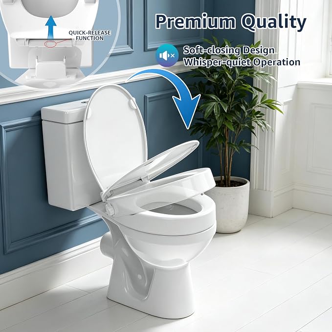 Huttdmel Round Raised Bidet Toilet Seat for Seniors, 2.8" Elevated Toilet Seat Riser, Soft Close, Quick Release, Non-Slip No-Electric Front & Rear Wash for Elderly, Disabled & Limited Mobility