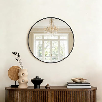 DUMOS 20 Inch Round Wall Mirror, Bathroom Mirror, Black | Metal Frame, Tempered Glass & Anti Rust Metal Frame, Decor for Bathroom Vanity Bedroom Entryway